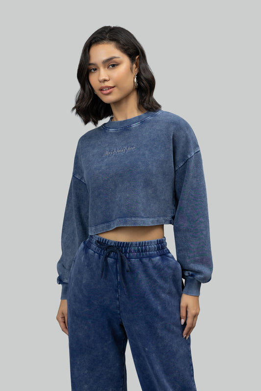 'Just Text Me' Denim Wash Cropped Sweatshirt