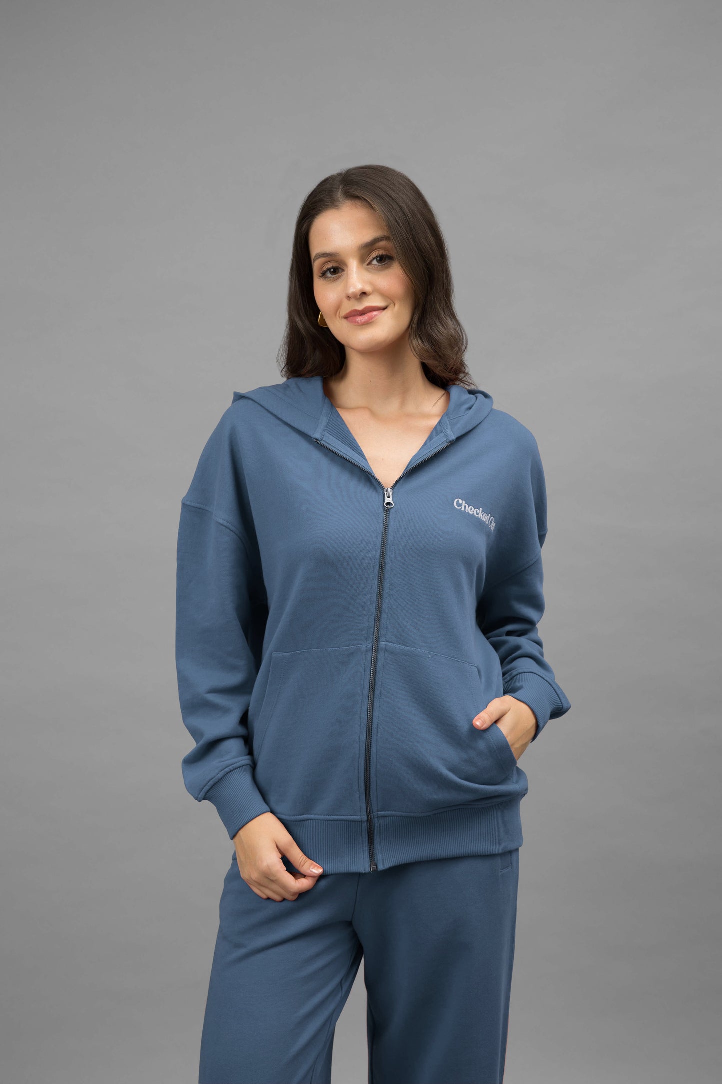 'Checked Out' Blue Cotton Terry Zip-up Hoodie Set