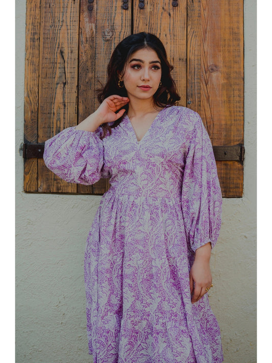 Bishop Sleeve Purple Bale Pure Cotton Dress