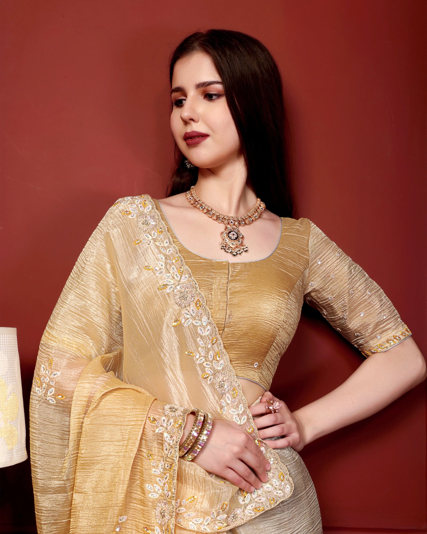 Golden Glow Crushed Tissue Saree with Sequin & Scallop Border
