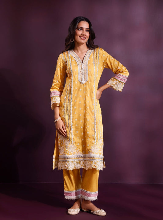 Pira Pima Satin Mustard Kurta Set