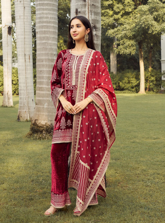 Sargam Velvet Wine Kurta Set