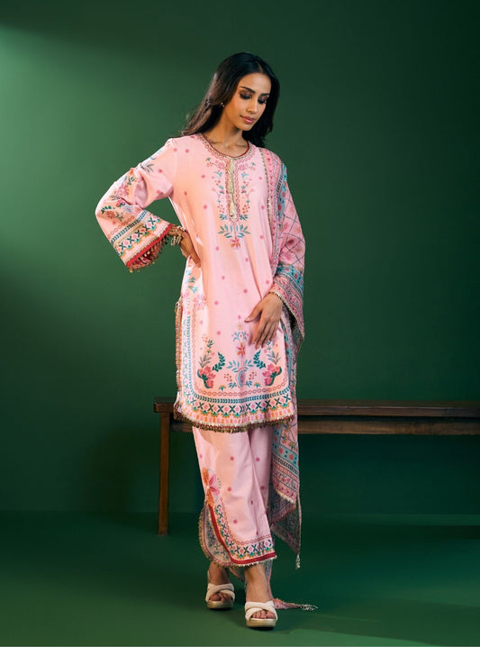 Omira Pima Satin Printed Pink Kurta Set