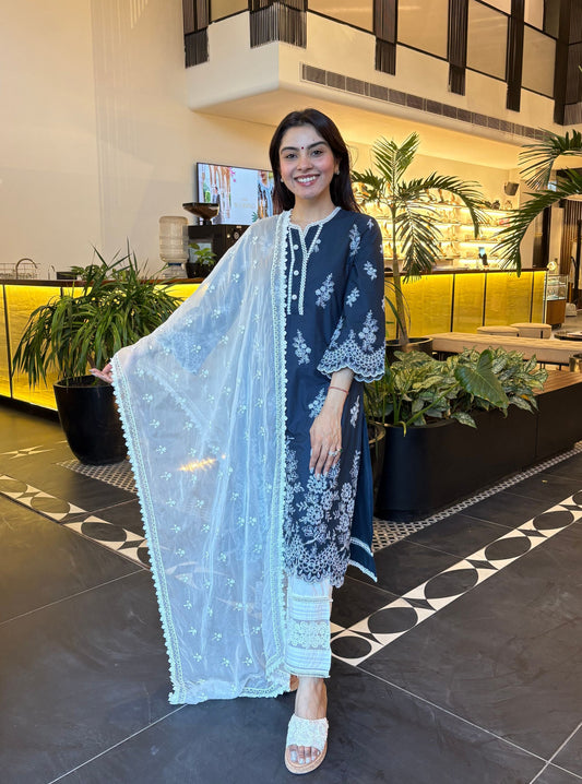 Moon Light Supima Cotton Navy Kurta With New Pintuck White Pant