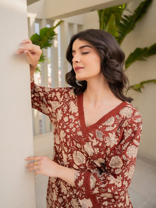 V - Neck Lace Cinnamon Brown Cotton Lounge Wear