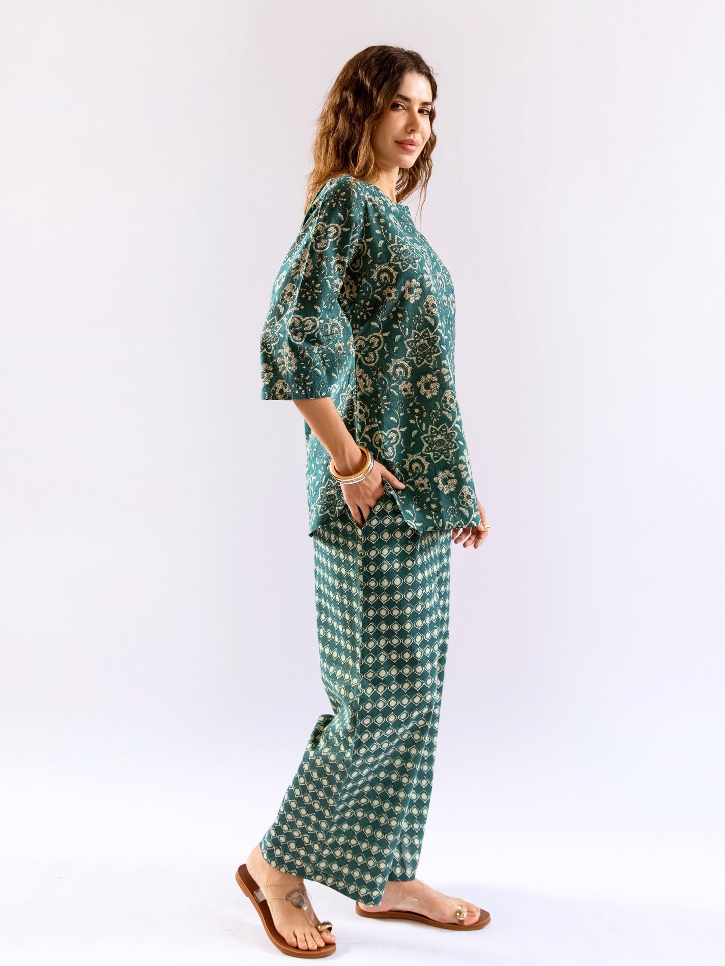 Teal Botanical Jaal Pure Cotton Round neck Co-ord set