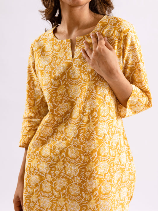 Yellow Bloomscape Print Pure Cotton Round neck Co-ord set