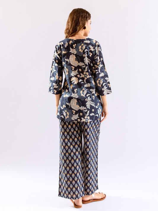 Navy Blue Petal Hush Print Pure Cotton Round neck Co-ord set