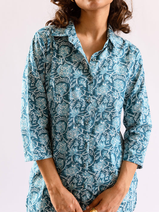 Sea Blue Breeze Print Pure Cotton Collar Shirt Co-ord set