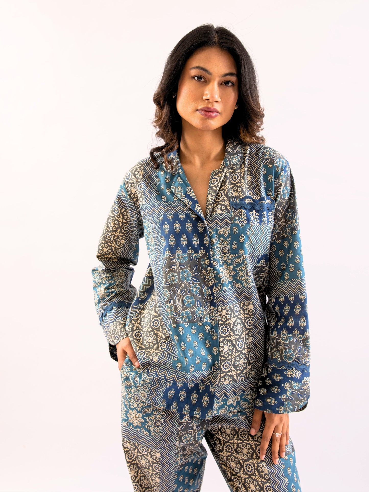 Blue Patchy Print Pure Cotton Collar Shirt Night Suit