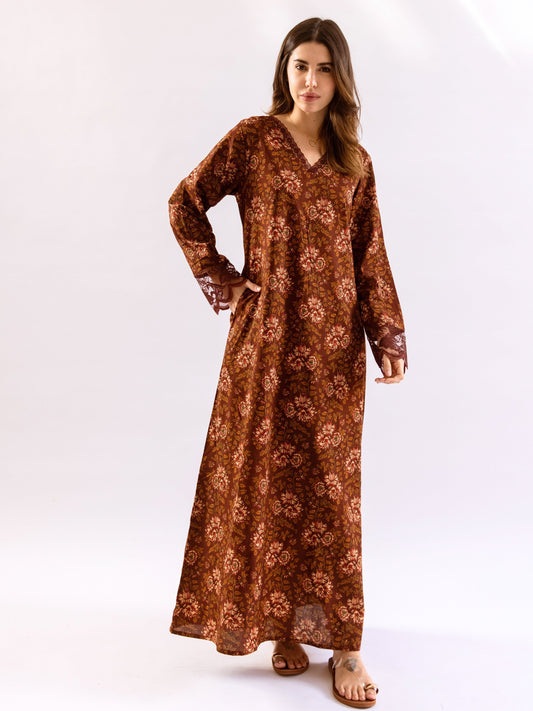 Maroon Rosy Dreams lace Pure Cotton V neck Night Maxi