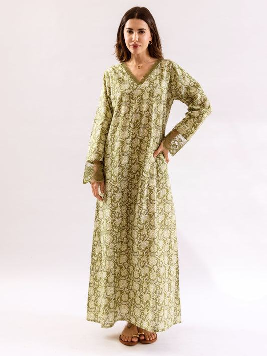 Olive Green Dazzel Floral Pure Cotton V neck Night Maxi