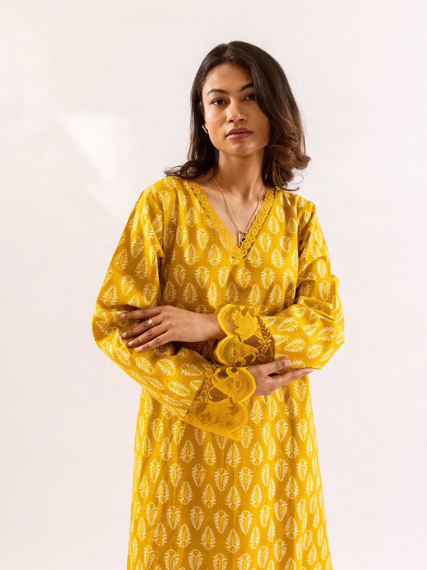 Yellow Bloom Lacy Pure Cotton V neck Night Maxi