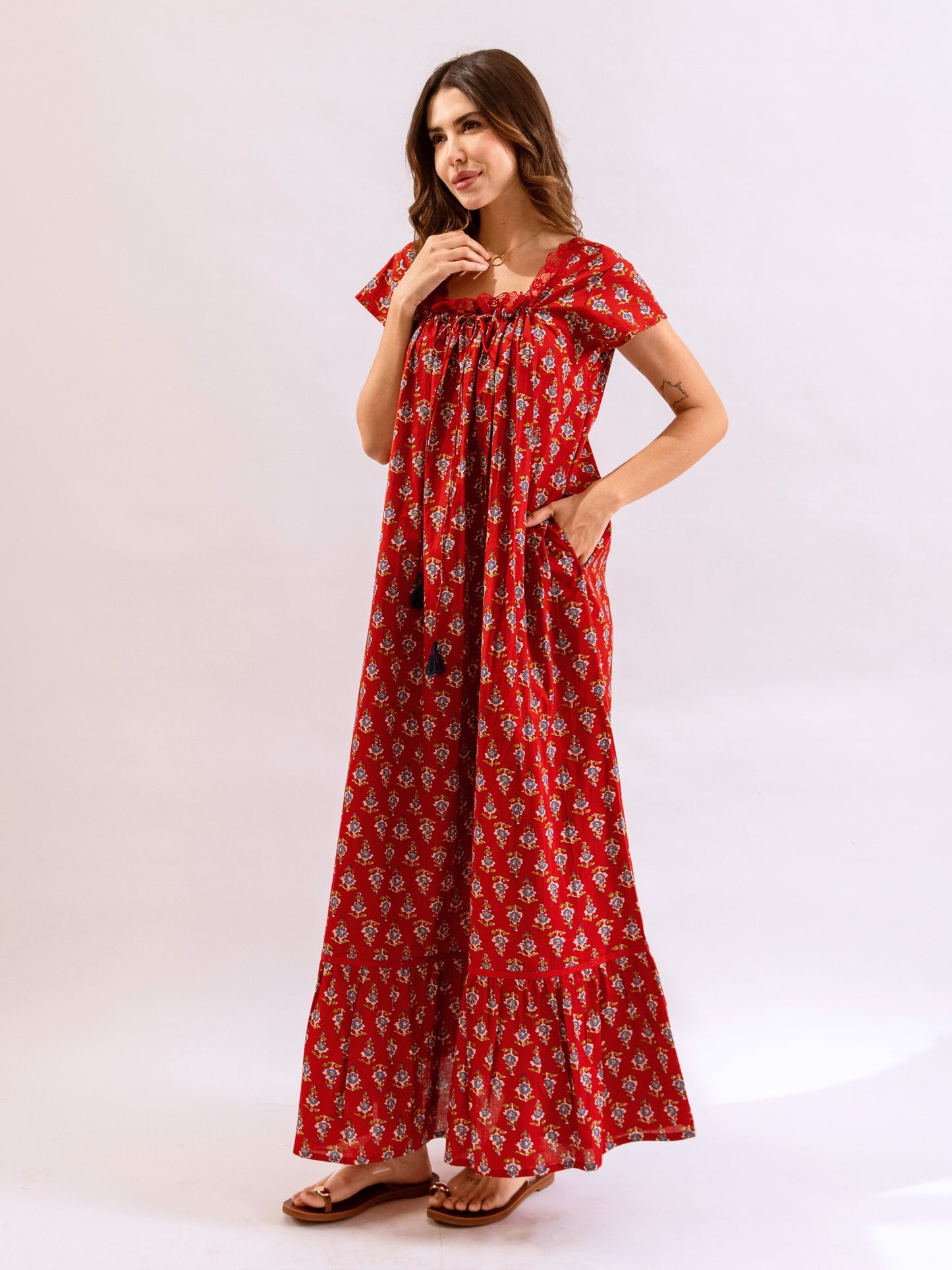 Red Petal Play Tie-Up Pure Cotton Square neck Night Maxi