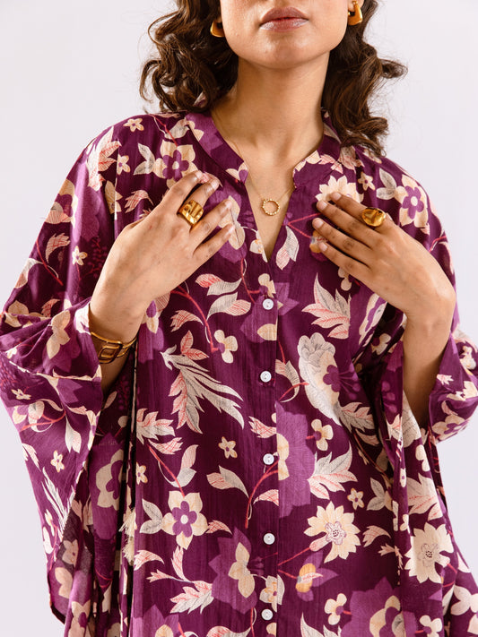Purple Boho Sage Pure Cotton V neck Kaftan Dress