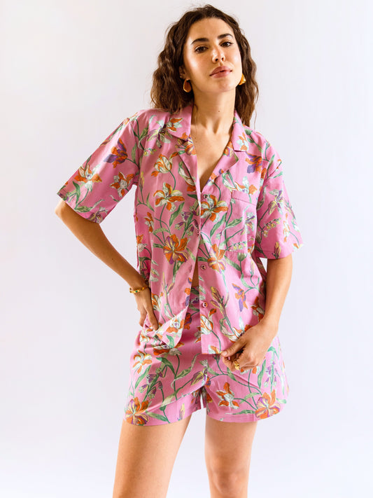 Pink Posy print Pure Cotton Collar Co-ord shorts set