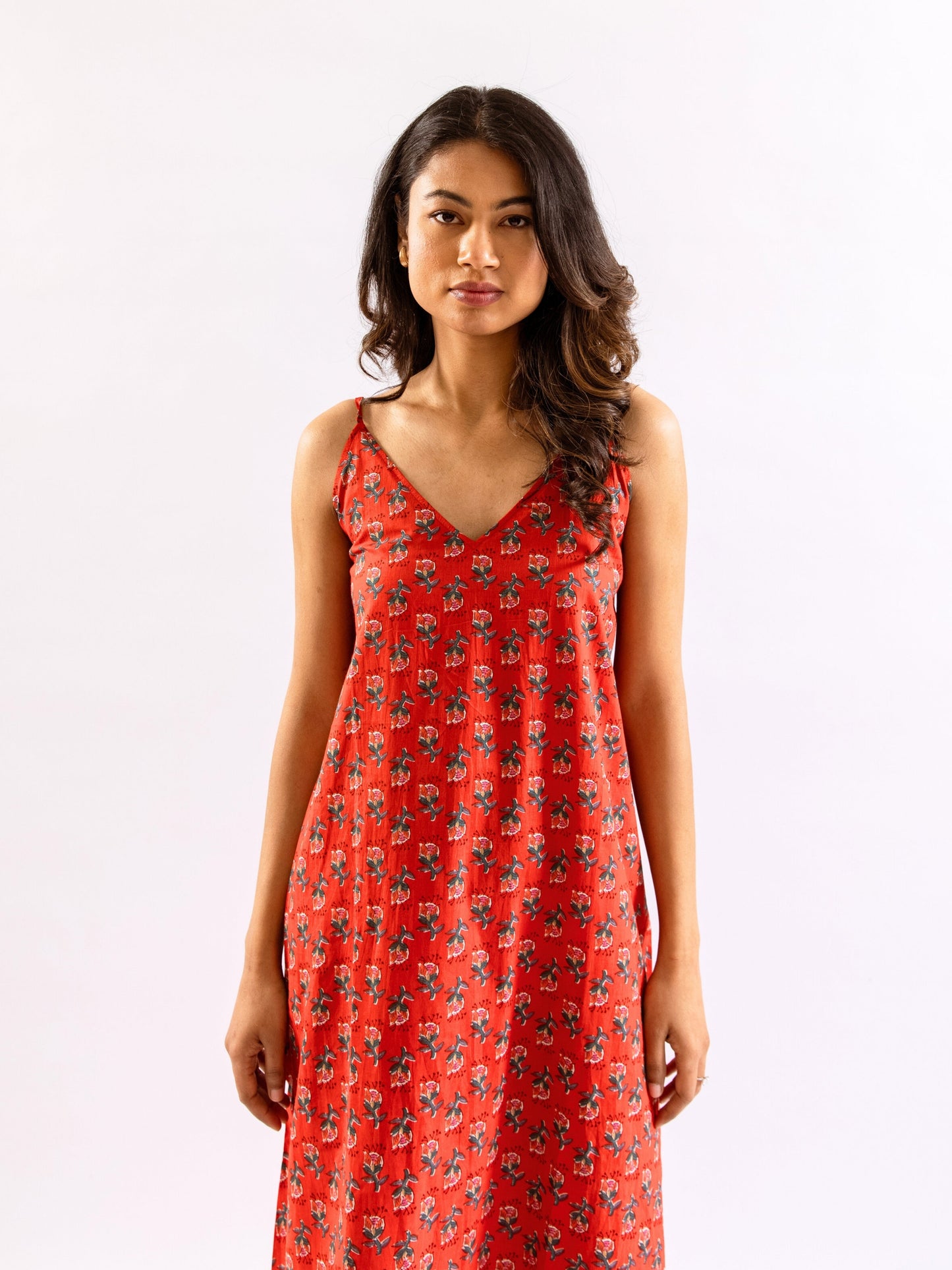 Red Relax Bliss Pure Cotton v neck Night Maxi