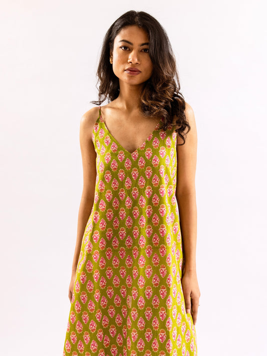 Lime Green Mist Bloom Pure Cotton v neck Night Maxi