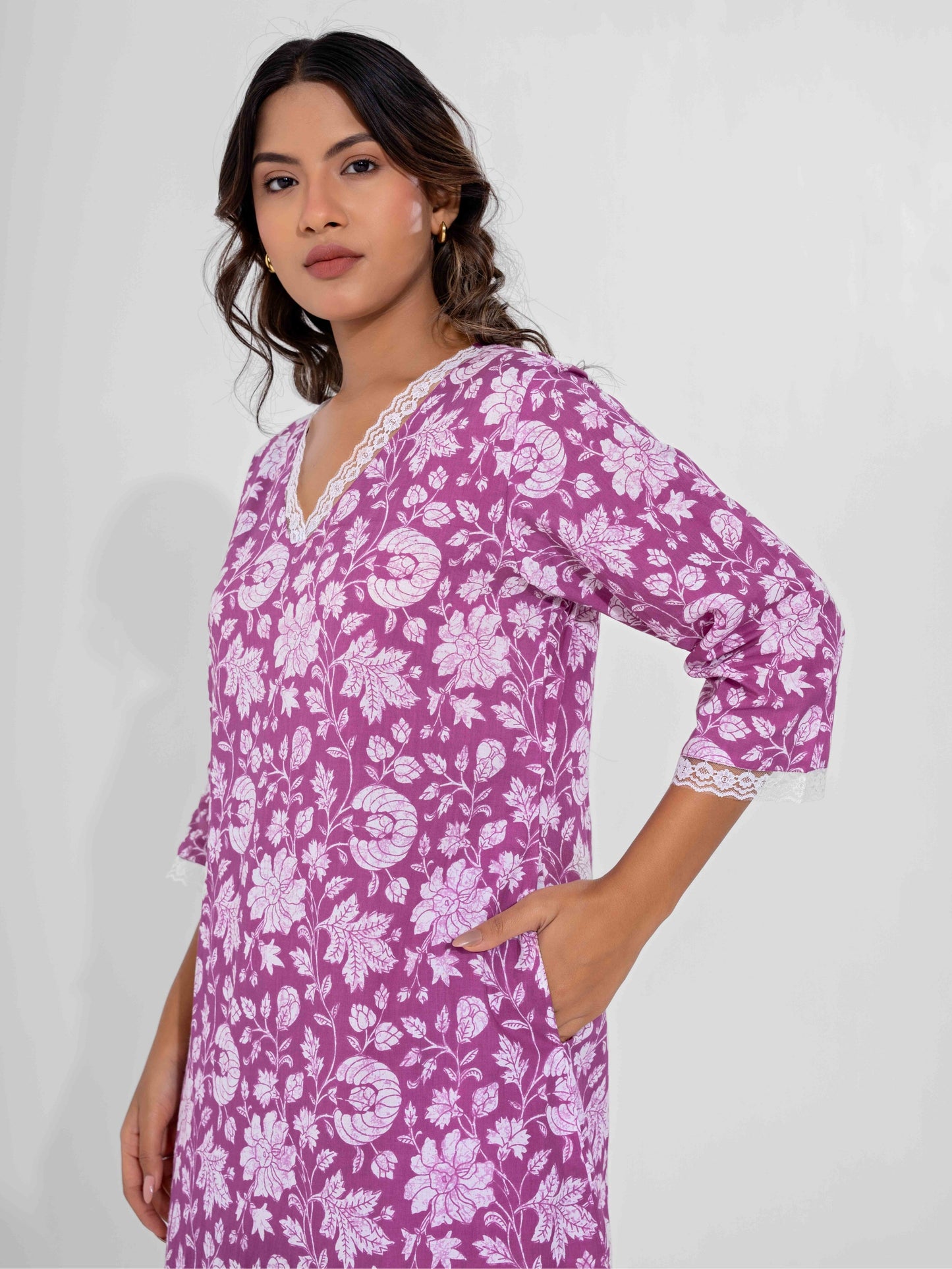 Taffy Pink Printed pureCotton V-Neck Night Maxi