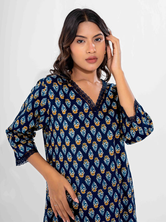 Blue Buti Pure Cotton V Neck Night Maxi