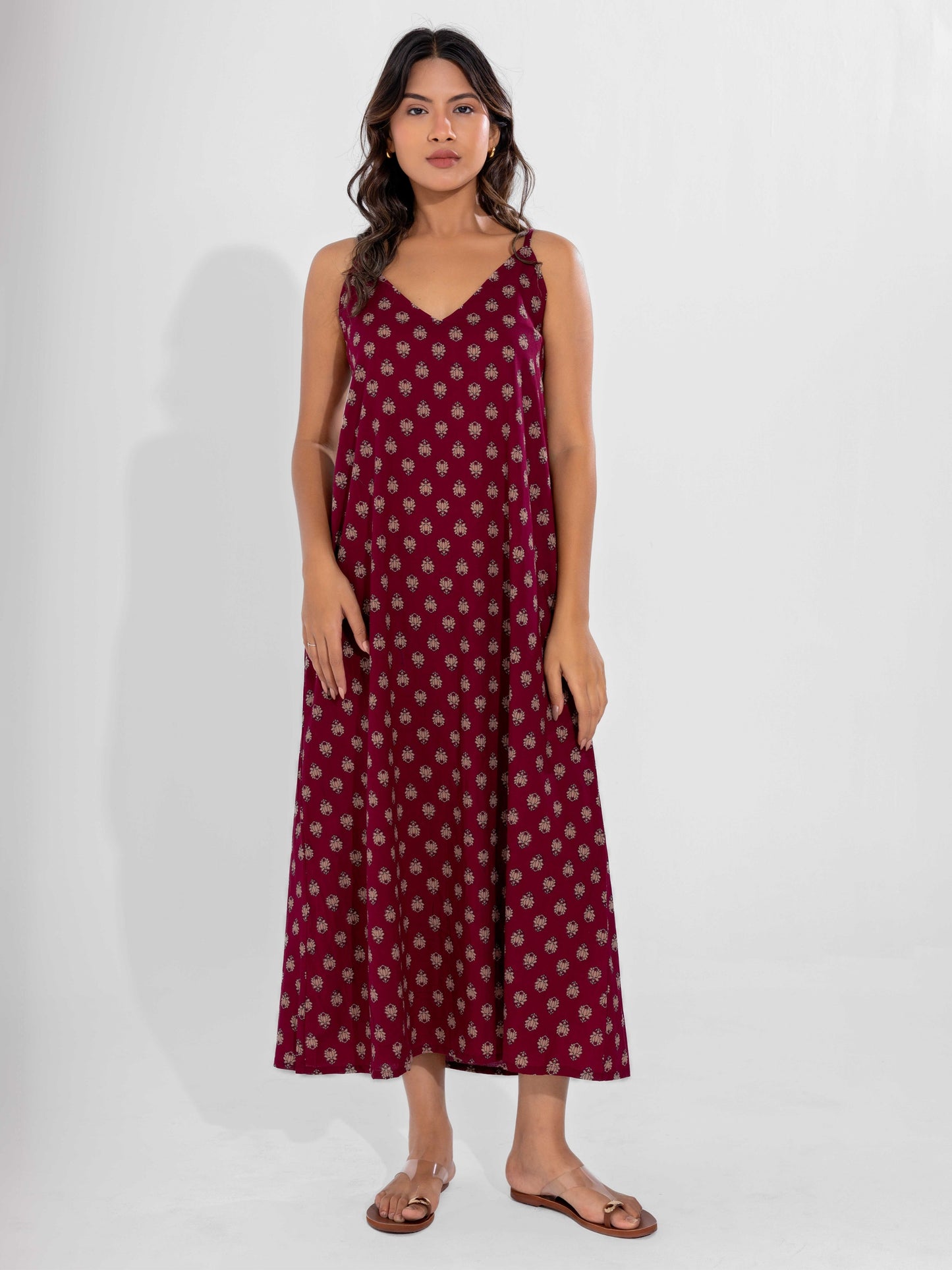 Wine Classic Pure Cotton V-Neck Night Maxi