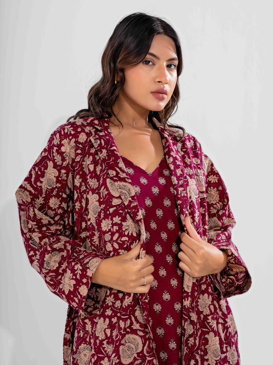 Wine Mocha Pure Cotton V-Neck Midi with Shrug