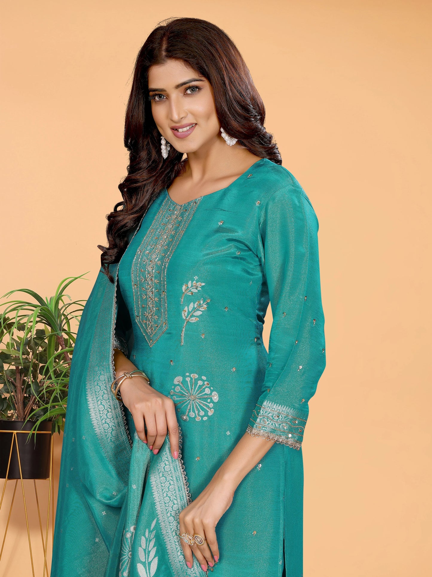 Royal Blue Tissue Hand-Work Suit Set