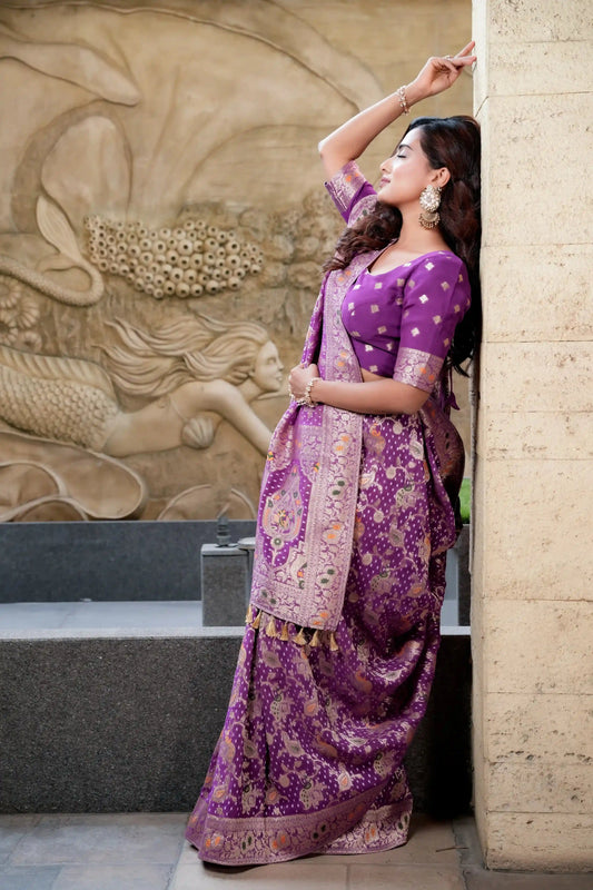 Elegant Purple Woven Banarasi Pure Georgette Bandhani Saree with Meenakari