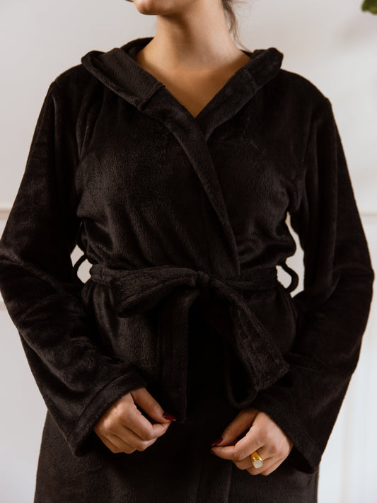 Black Super Soft Woollen Hoodie Robe