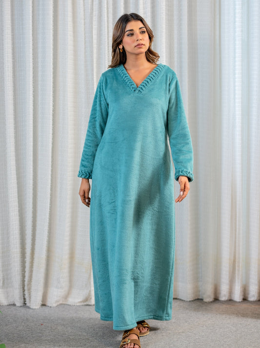 Super Soft Sea Green V Neck Woollen Maxi