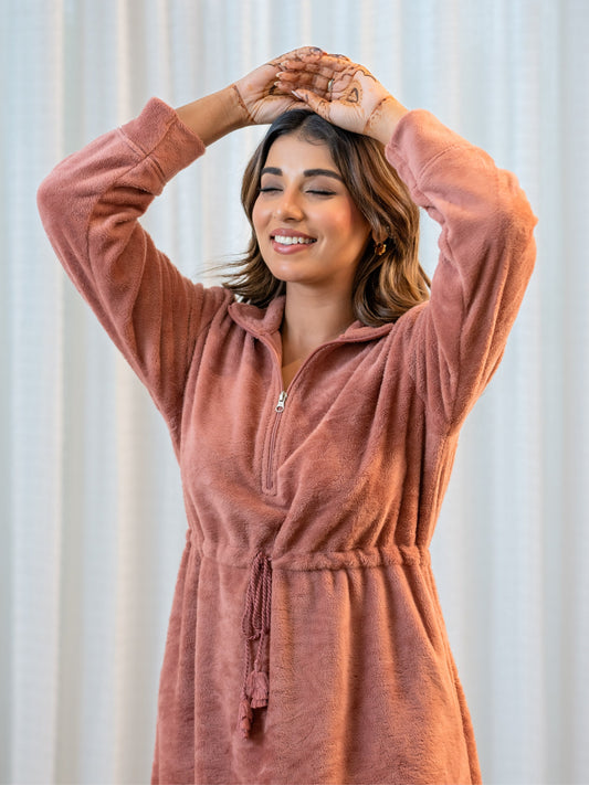 Half Zip Super Soft Dusty Pink Woollen Tie-up Midi Dress