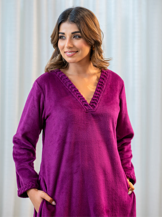 V Neck Super Soft Wine Long Kurta woollen Set
