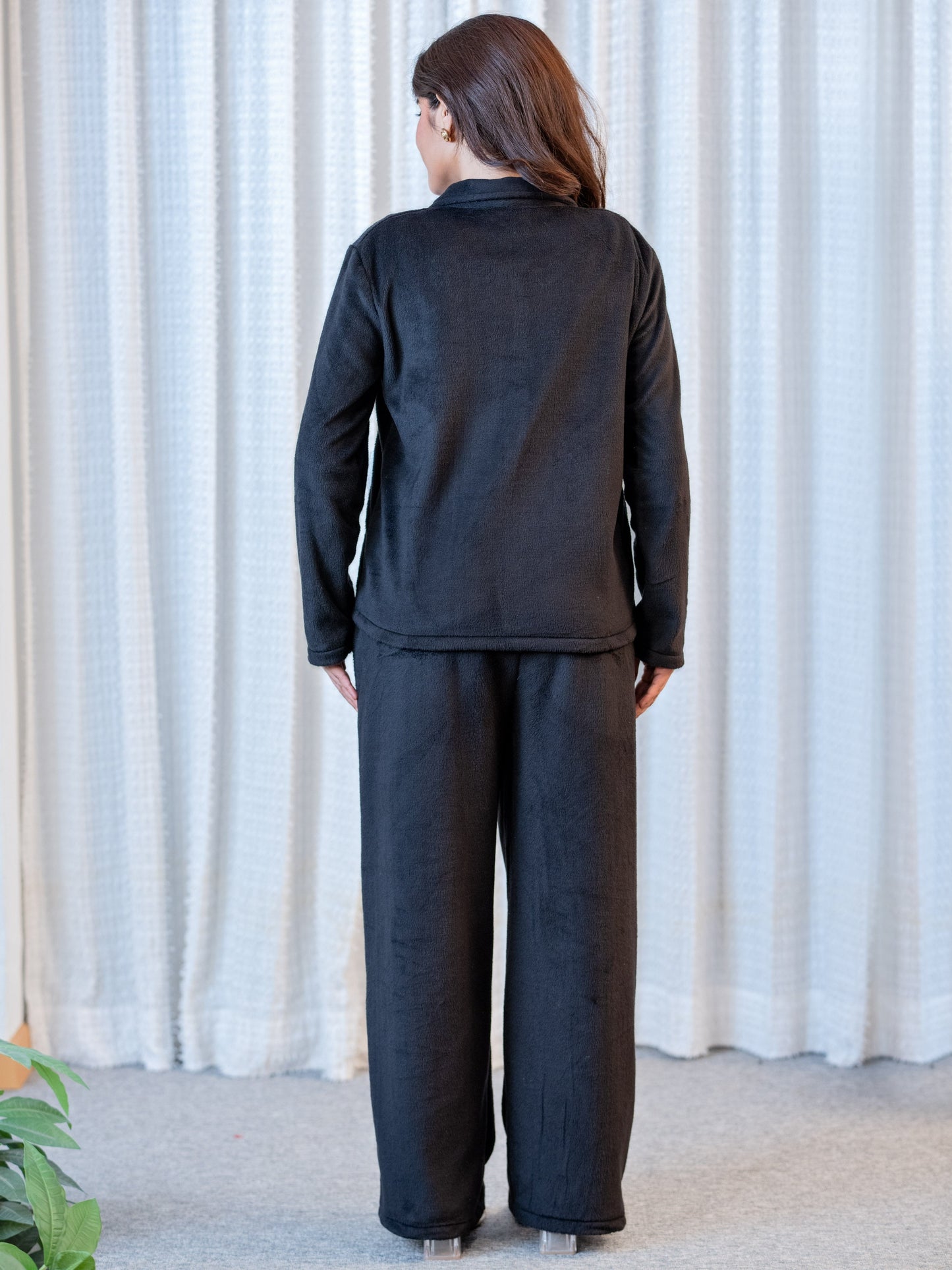 Black Super Soft Woollen Bow Pajama Set