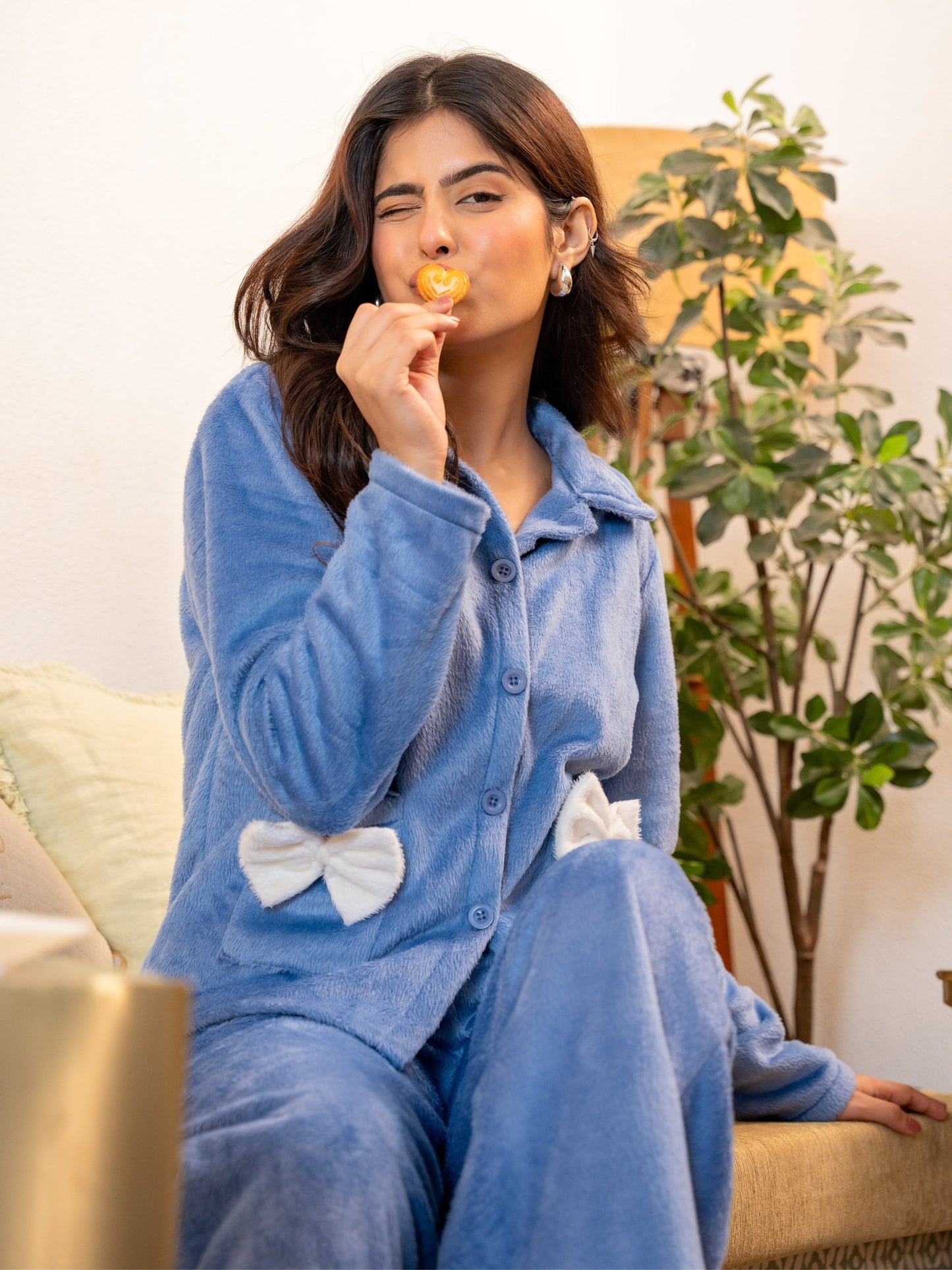 Light Blue Super Soft Woollen Bow Pajama Set