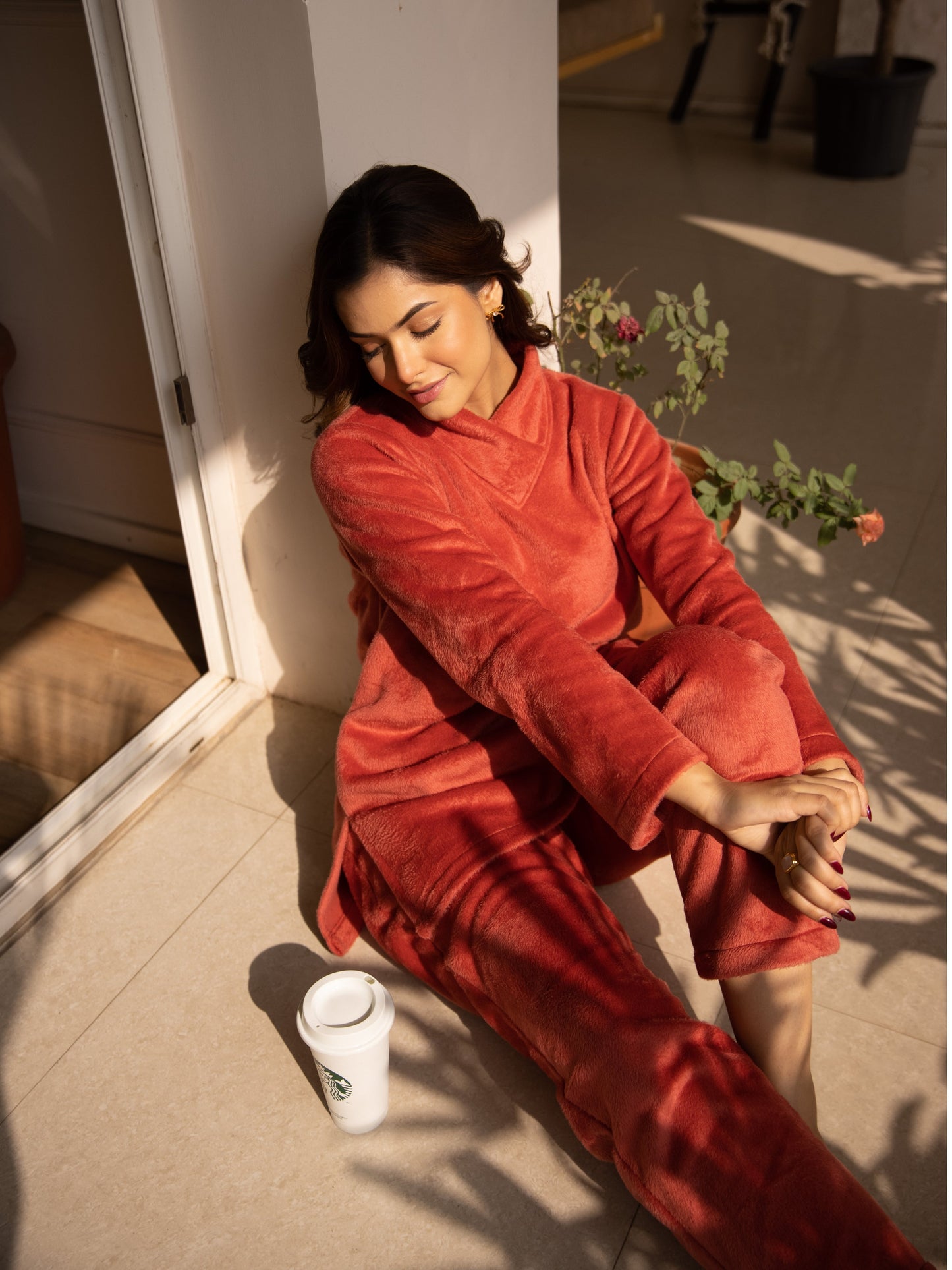 Cross Neck Super Soft Rust Woollen Set