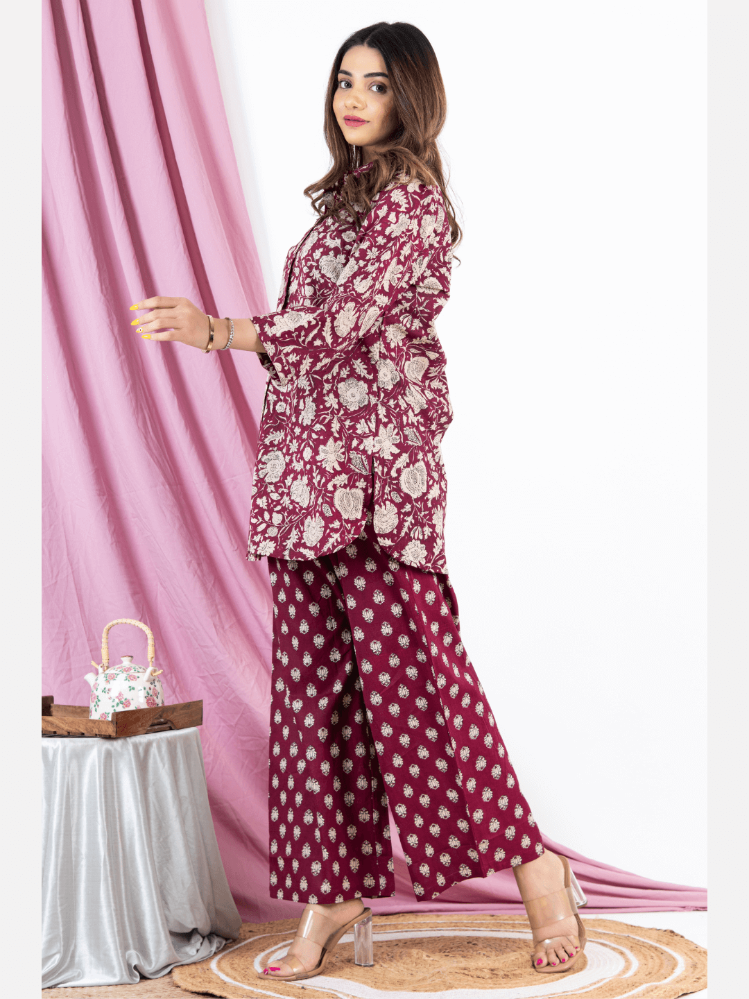 Burgundy Pure Cotton Collared Loungewear