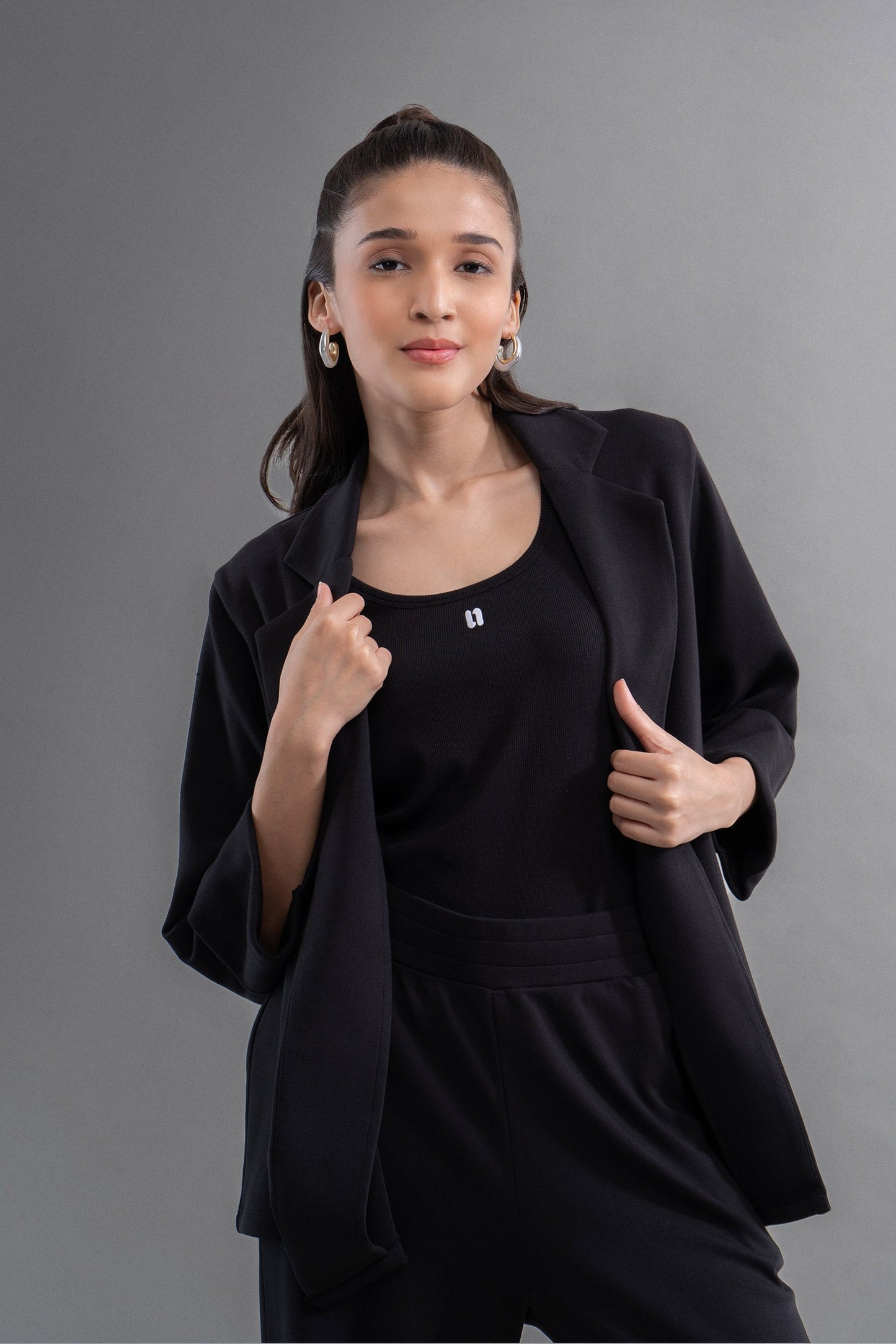 Snugknit® Black Flared Pant With Tank Top & Blazer