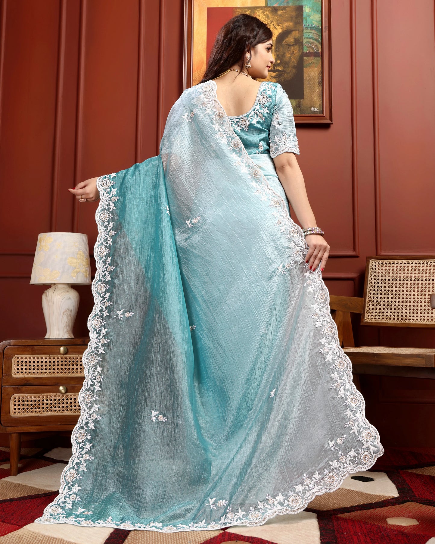 Aqua Mist Crushed Tissue Saree with Hand-Work Floral Border