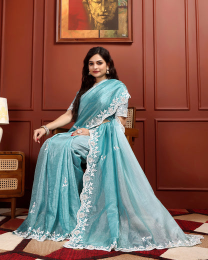 Aqua Mist Crushed Tissue Saree with Hand-Work Floral Border