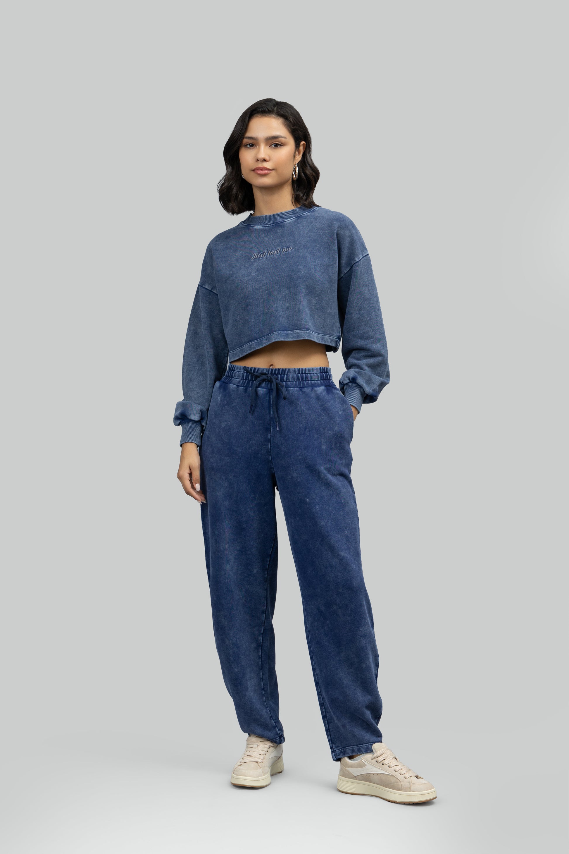 'Just Text Me' Denim Wash Cropped Sweatshirt