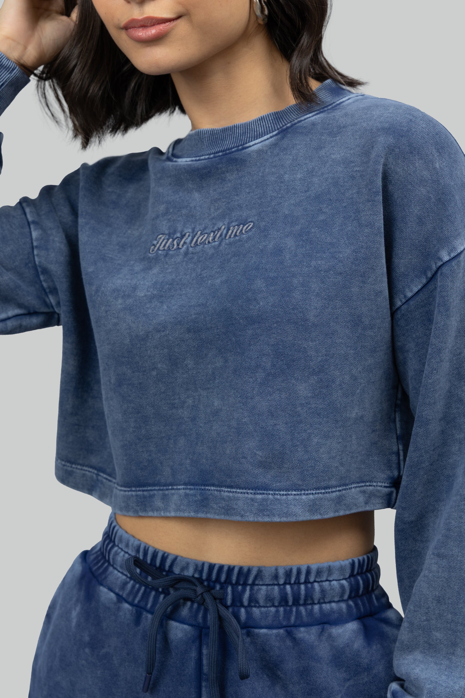 'Just Text Me' Denim Wash Cropped Sweatshirt