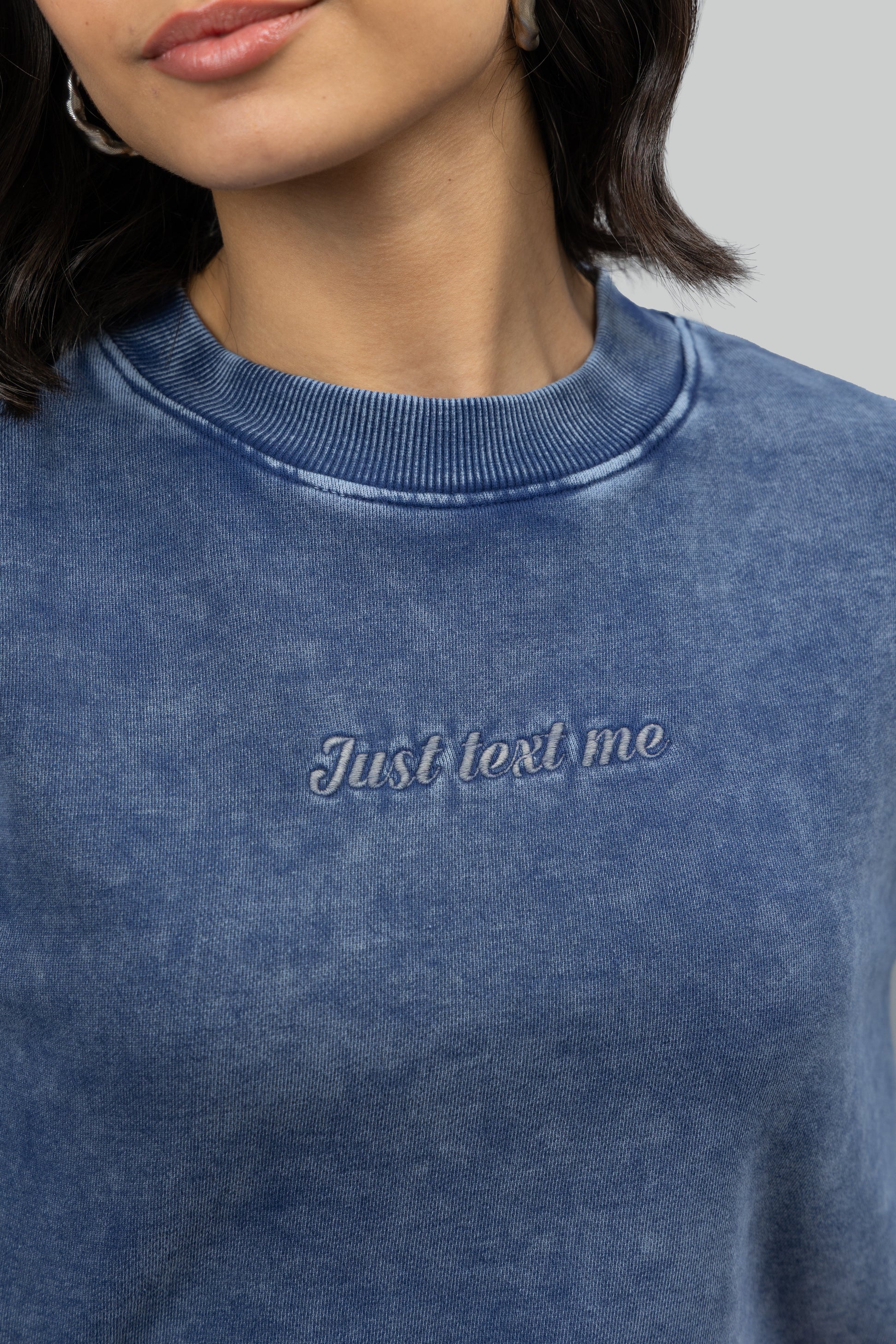 'Just Text Me' Denim Wash Cropped Sweatshirt