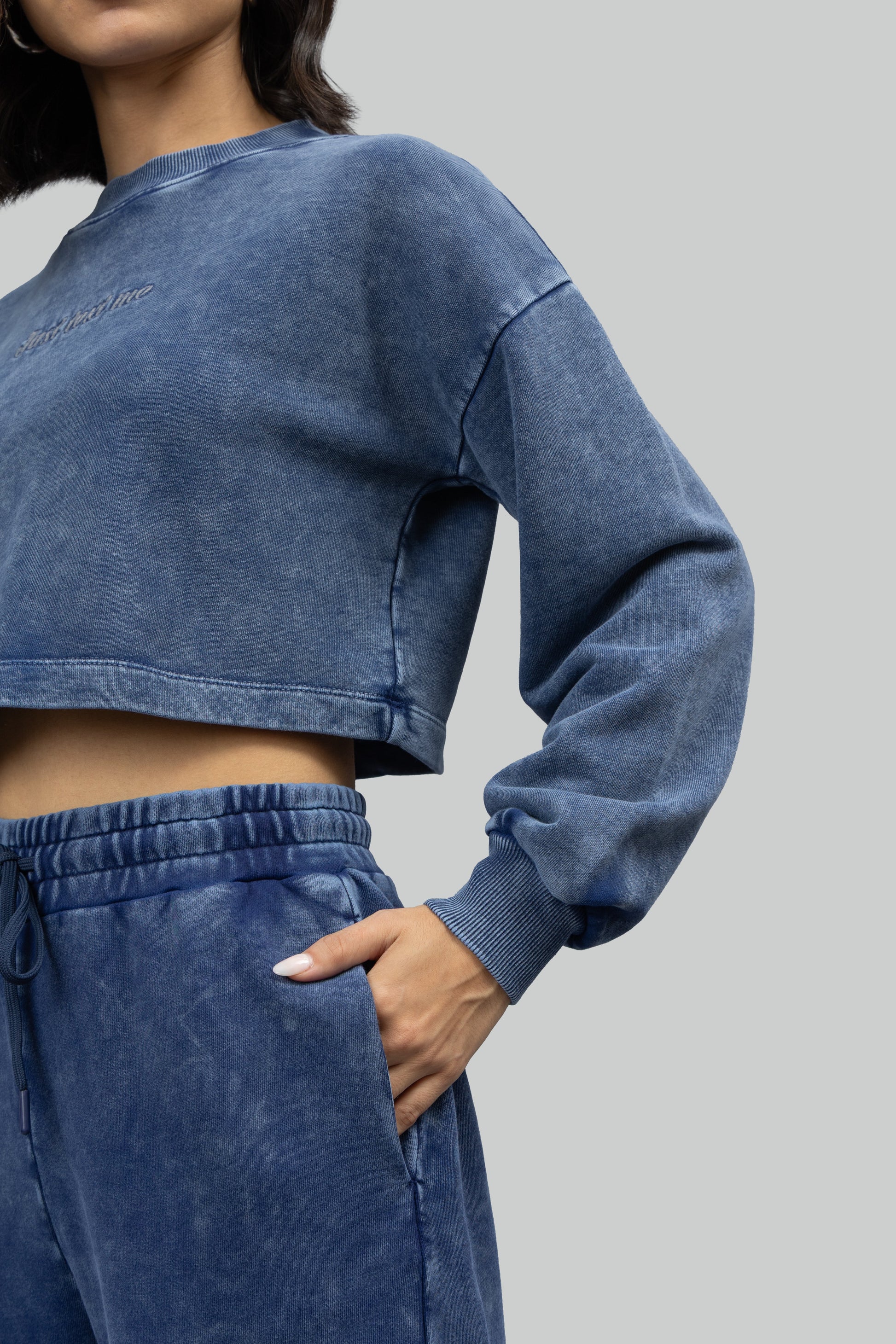 'Just Text Me' Denim Wash Cropped Sweatshirt