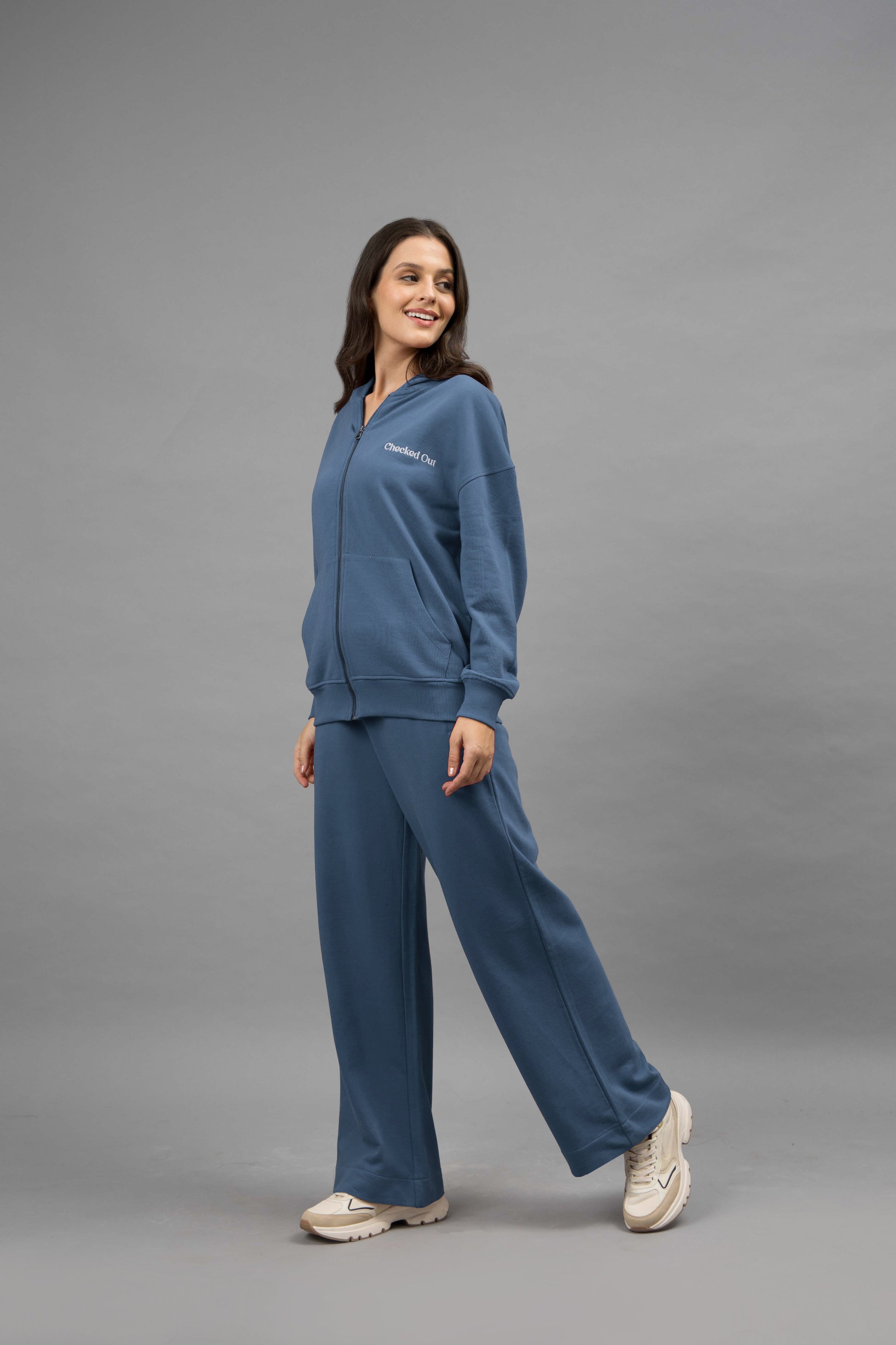 'Checked Out' Blue Cotton Terry Zip-up Hoodie Set