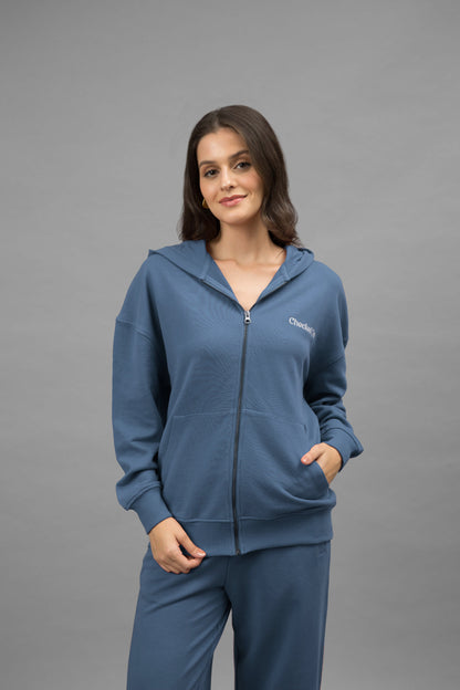 'Checked Out' Blue Cotton Terry Zip-up Hoodie Set