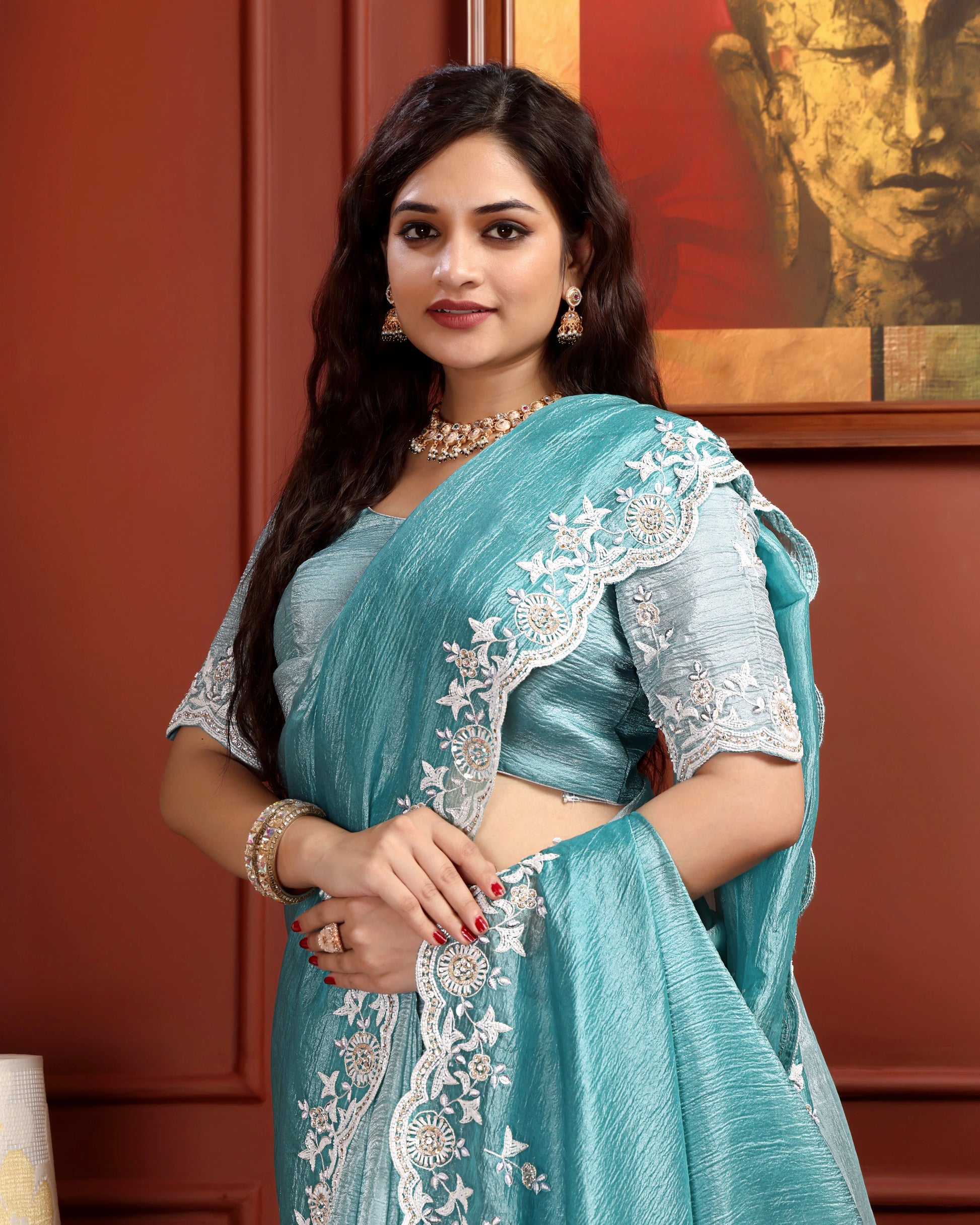 Aqua Mist Crushed Tissue Saree with Hand-Work Floral Border