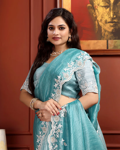 Aqua Mist Crushed Tissue Saree with Hand-Work Floral Border