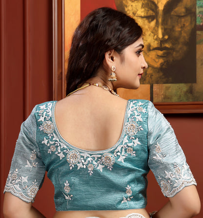 Aqua Mist Crushed Tissue Saree with Hand-Work Floral Border