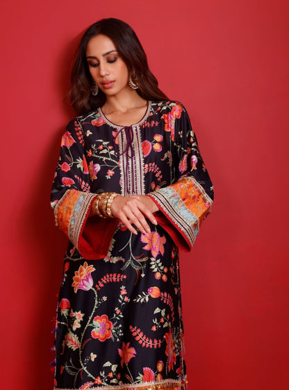 Nisi Pima Satin Printed Black Kurta Set