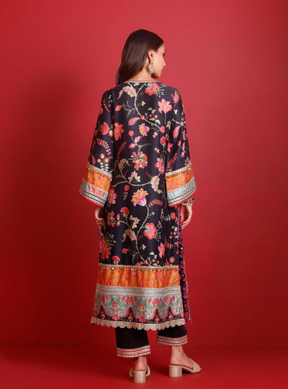 Nisi Pima Satin Printed Black Kurta Set